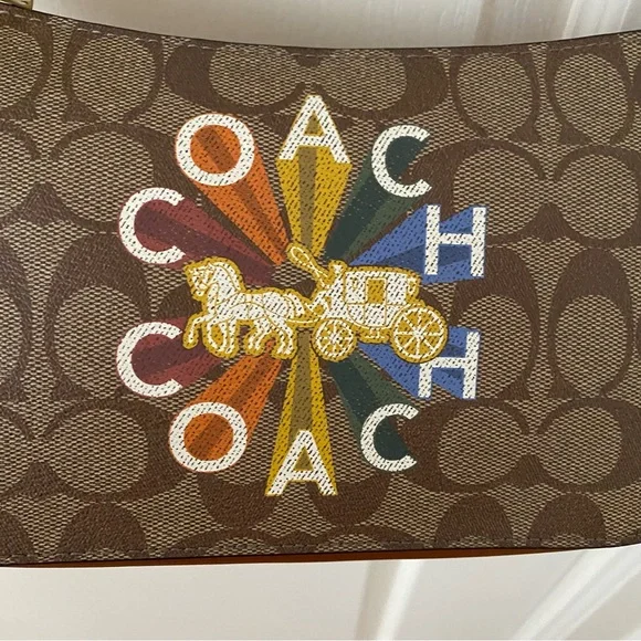 $328 Coach Jes Baguette Signature Canvas Radial Rainbow Leather Crossbody C6817 - Picture 7 of 16